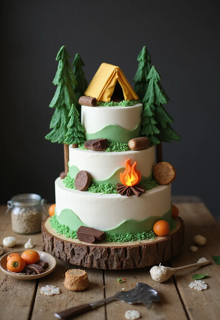 20 Fun 3 Tier Birthday Cake Designs That Are Total Show-Stoppers! - 9. Camping Adventure Cake