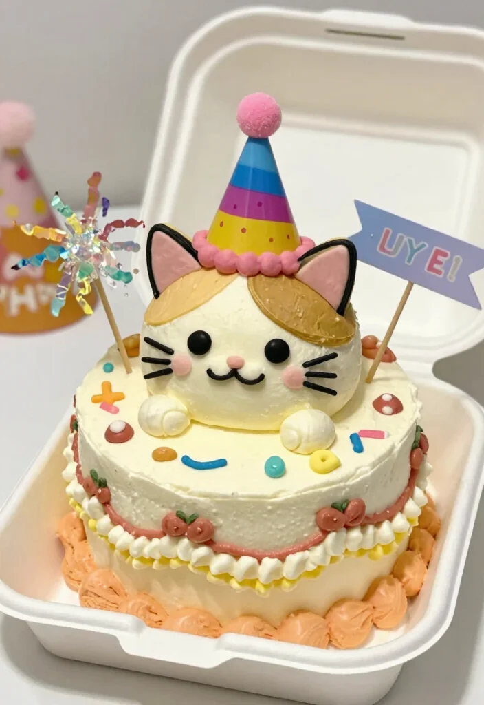 16 Bento Cake Cat Design Ideas Cute Playful Aesthetic - 11. Cat with a Birthday Hat Cake 1