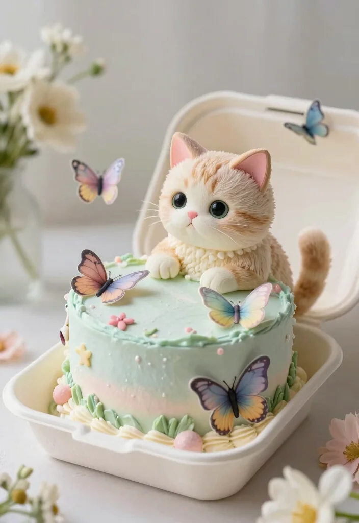 16 Bento Cake Cat Design Ideas Cute Playful Aesthetic - 12. Cat with Butterfly Cake 1