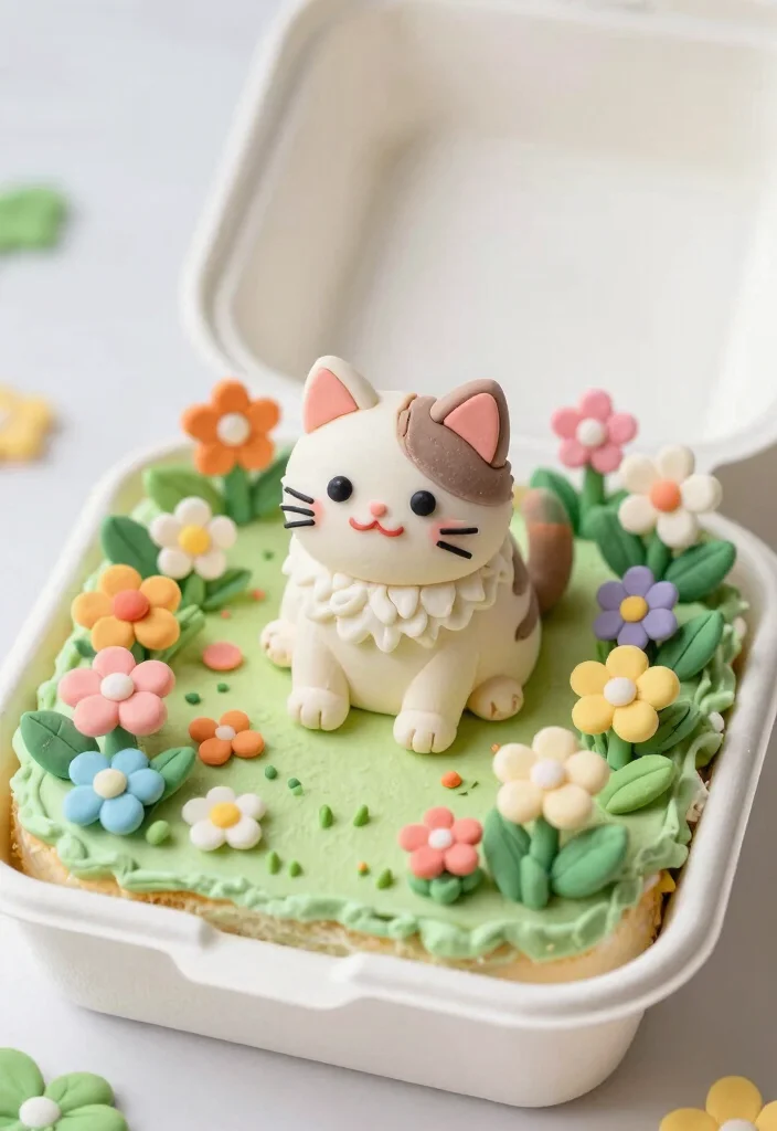 16 Bento Cake Cat Design Ideas Cute Playful Aesthetic - 14. Cat in the Garden Cake 1