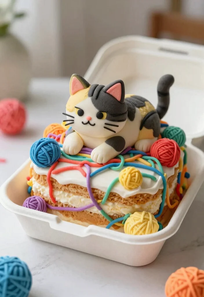 16 Bento Cake Cat Design Ideas Cute Playful Aesthetic - 7. Cat with Yarn Cake 1