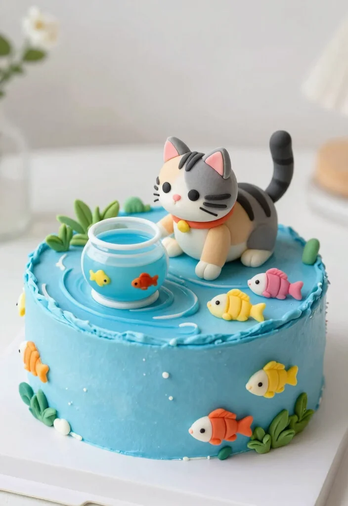 16 Bento Cake Cat Design Ideas Cute Playful Aesthetic - 9. Cat and Fish Bowl Cake 1