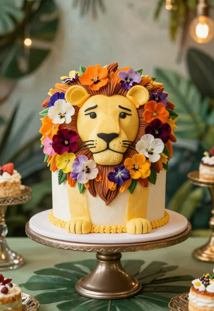 16 Lion Birthday Cake Ideas for a Cute Wild Celebration - 14. Lion Cake with Edible Flowers 1