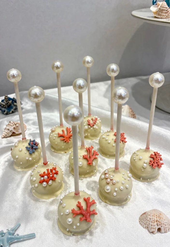 16 Little Mermaid Cake Pops Ideas Under the Sea Theme - 8. Pearl and Coral Pops 1