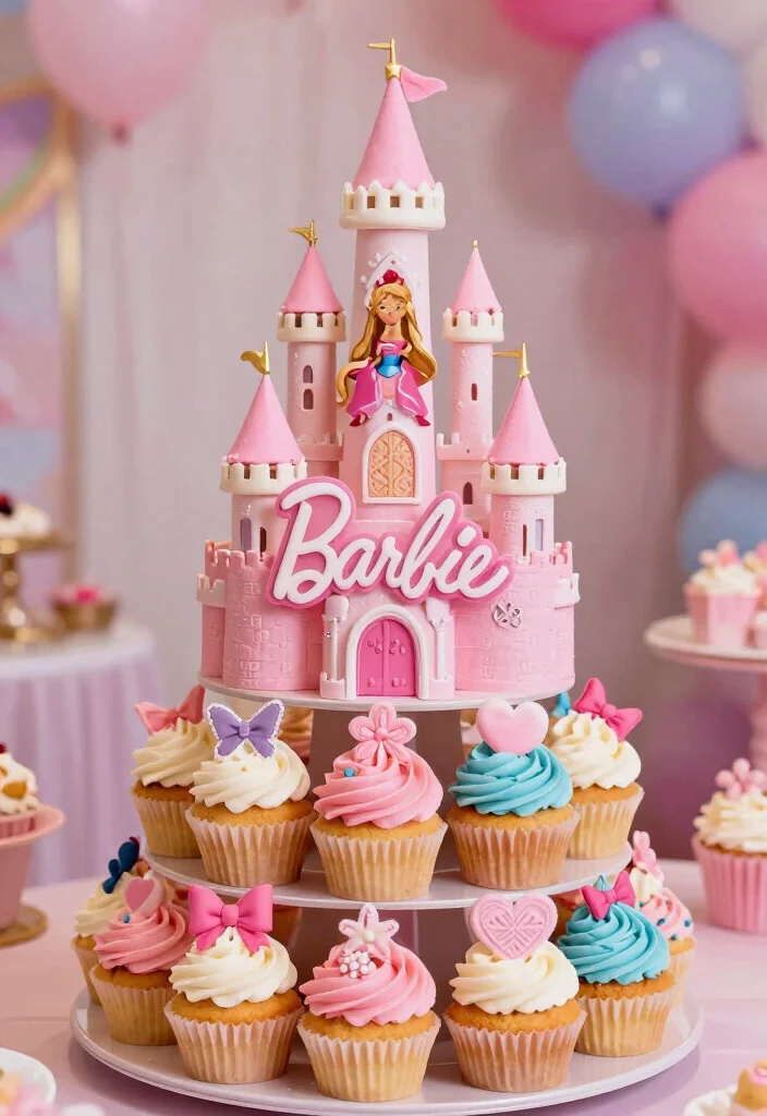 16 Princess Barbie Cake Ideas: Magical Fairytale Designs - 14. Barbie Princess Castle Cupcake Tower 1