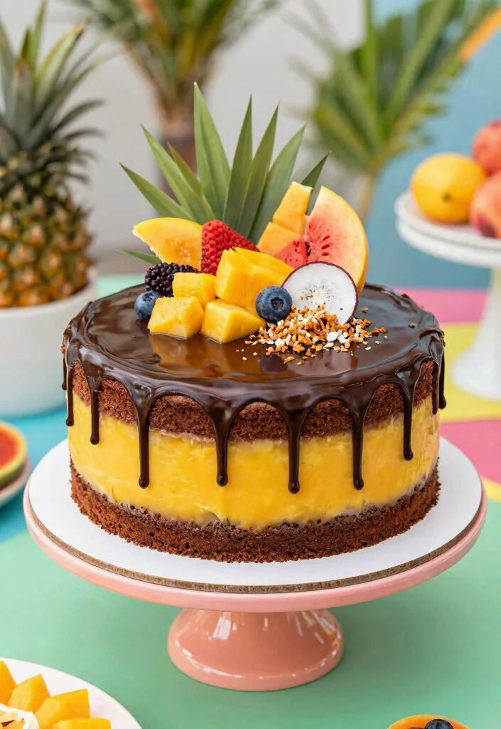 17 Chocolate Drip Cake Ideas Dramatic Party Centerpieces - 16. Tropical Fruit Chocolate Drip Cake 1