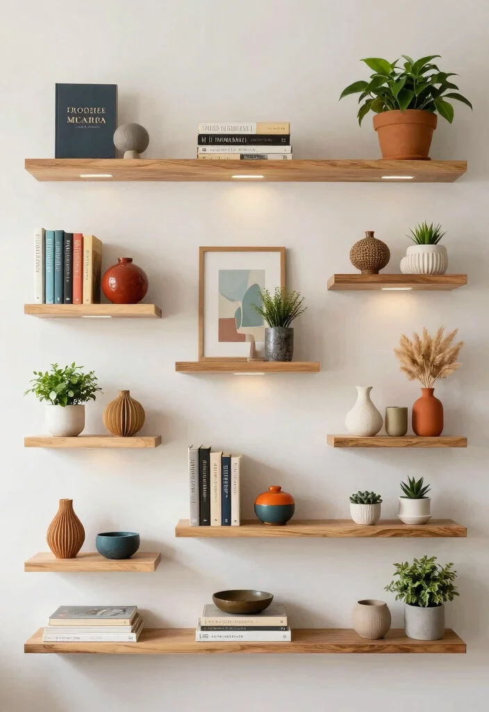 15 Long Wall Decor Ideas That Fill Empty Spaces Beautifully - 7. Floating Shelves with Decor 1