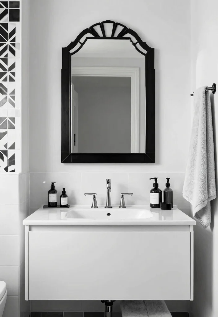 16 Art Deco Bathroom Mirror Ideas With Vintage Glam - 16. Bold Monochrome 1