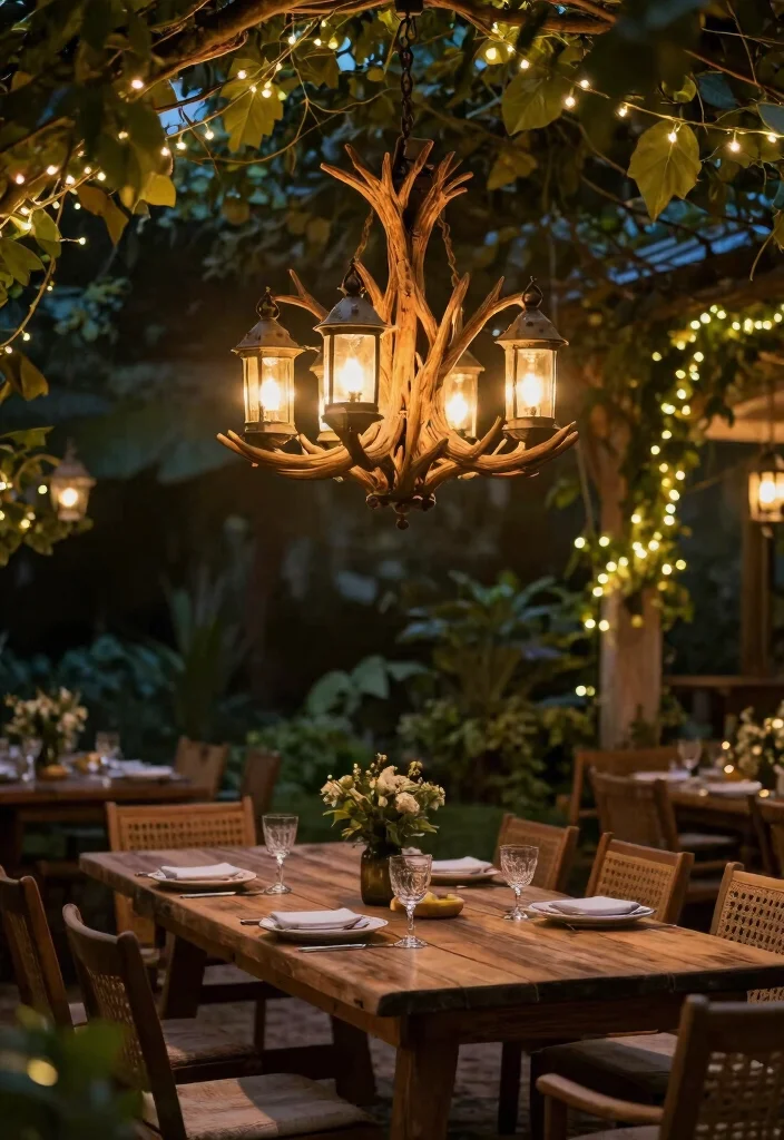 16 Deer Antler Chandelier Ideas With Rustic Statement Style - 10. Rustic Antler Chandelier with Lanterns 1