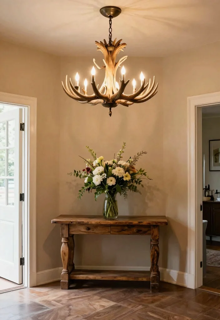 16 Deer Antler Chandelier Ideas With Rustic Statement Style - 11. Antler Chandelier for Entryway 1