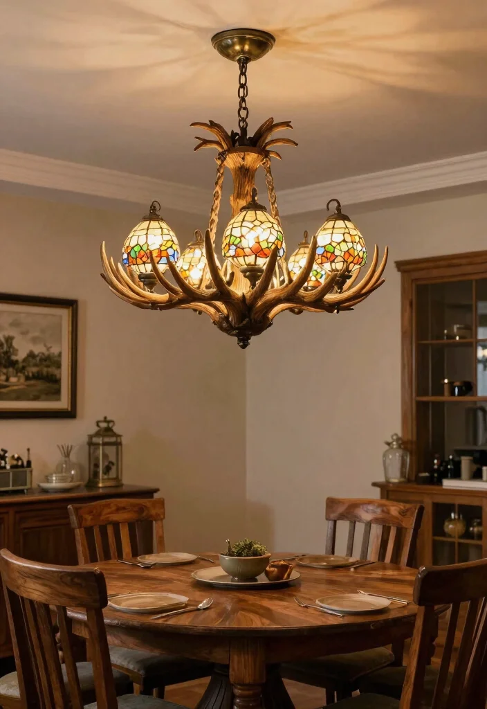 16 Deer Antler Chandelier Ideas With Rustic Statement Style - 15. Rustic Antler Chandelier with Tiffany Glass 1