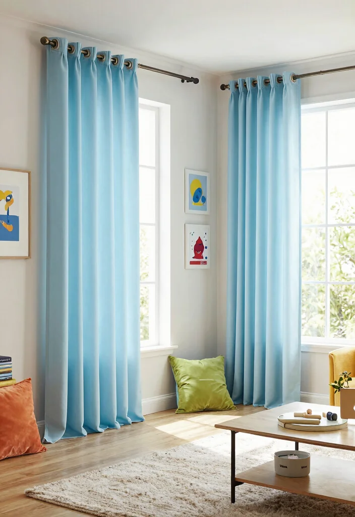 16 Light Blue Curtains Ideas With Soft Airy Vibes - 10. Light Blue Curtains with Accessories 1
