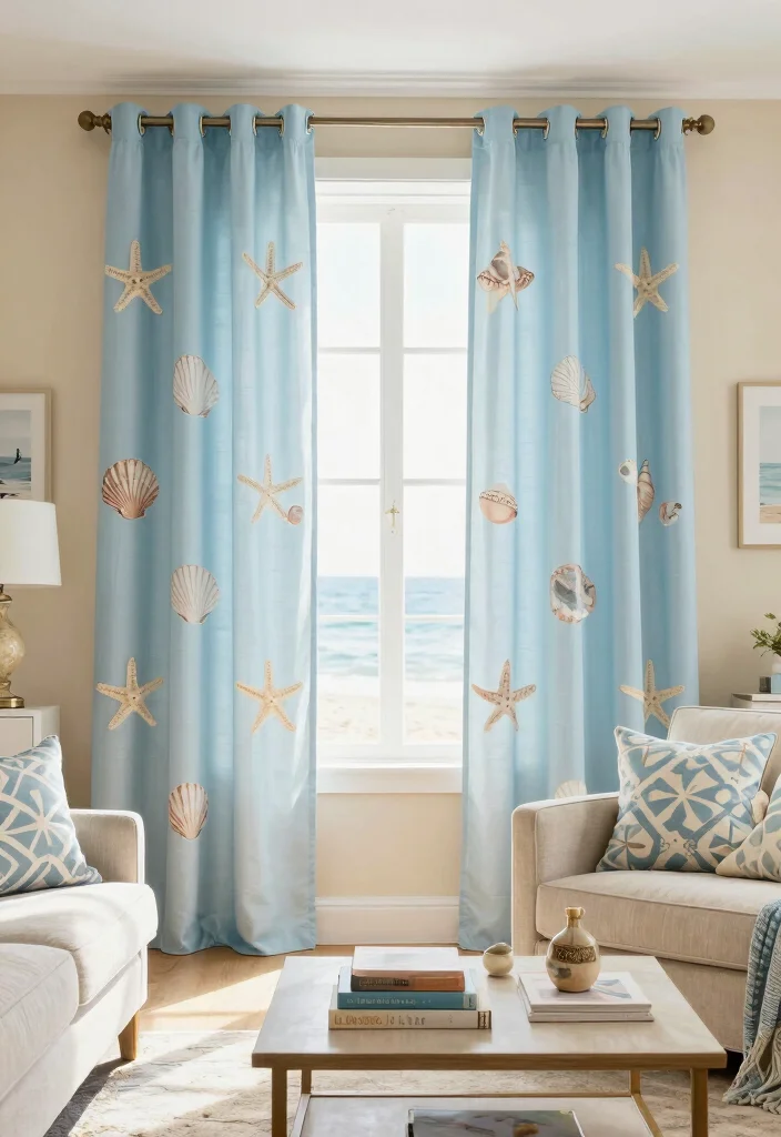 16 Light Blue Curtains Ideas With Soft Airy Vibes - 13. Light Blue Curtains with a Coastal Print 1