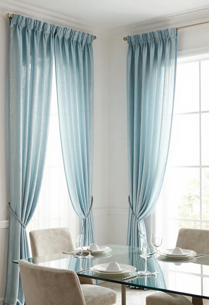 16 Light Blue Curtains Ideas With Soft Airy Vibes - 15. Light Blue Curtains with Metallic Accents 1