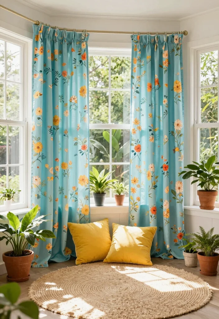 16 Light Blue Curtains Ideas With Soft Airy Vibes - 7. Light Blue Curtains with Floral Patterns 1