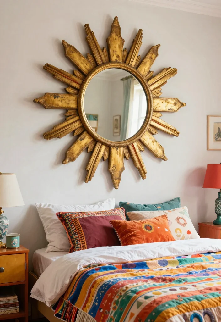 17 Mirrors in Bedroom Ideas That Make the Space Feel Bigger - 12. Vintage Sunburst Mirrors for a Retro Vibe 1