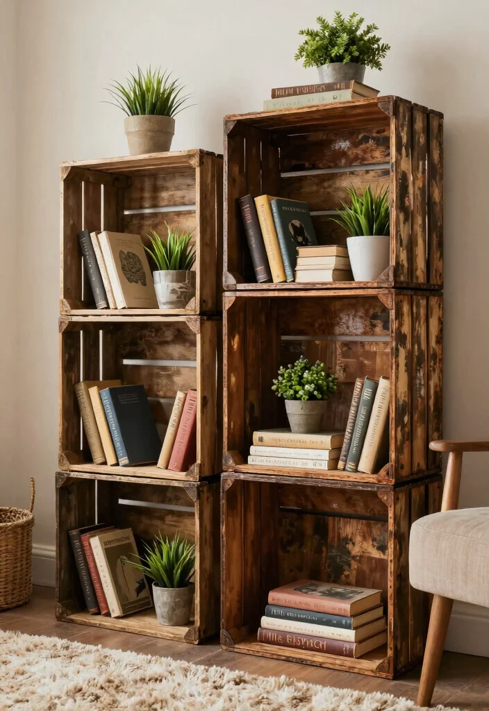17 Old Bookshelf Aesthetic Ideas With Vintage Character - 10. Repurposed Vintage Crates 1