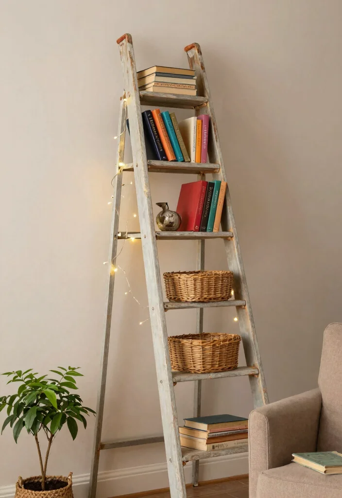 17 Old Bookshelf Aesthetic Ideas With Vintage Character - 4. Vintage Ladder as Bookshelf 1