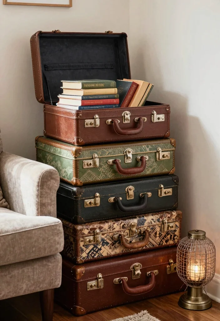 17 Old Bookshelf Aesthetic Ideas With Vintage Character - 7. Vintage Suitcases as Storage 1