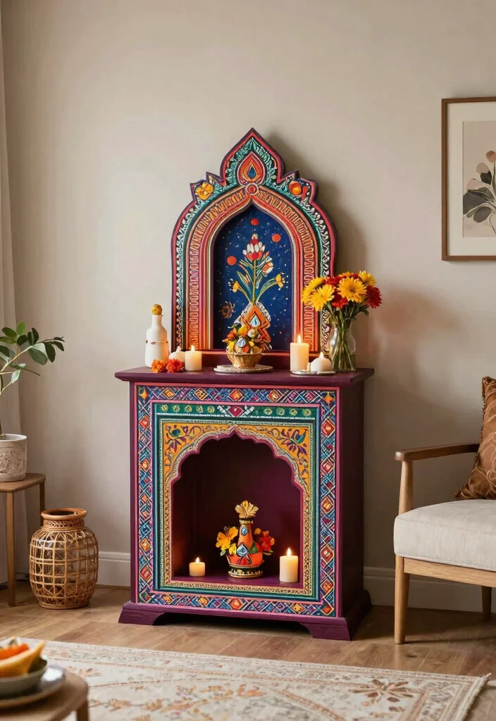 17 Small Pooja Unit in Living Room Ideas With Elegant Touch - 10. Artistic Altar Designs 1