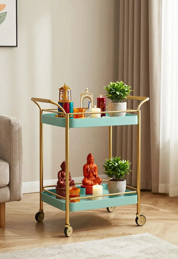 17 Small Pooja Unit in Living Room Ideas With Elegant Touch - 12. Decorative Prayer Trolleys 1