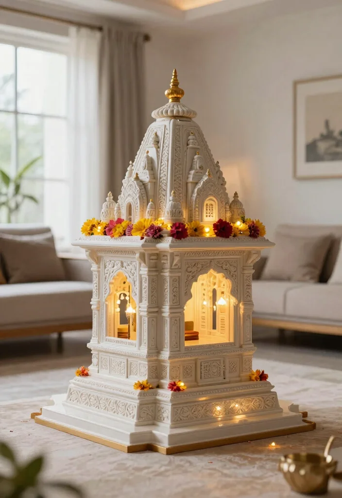 17 Small Pooja Unit in Living Room Ideas With Elegant Touch - 13. Sacred Mandir Structures 1