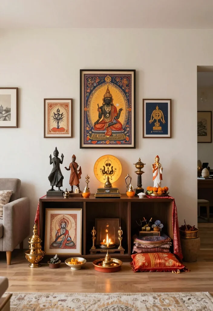 17 Small Pooja Unit in Living Room Ideas With Elegant Touch - 15. Incorporation of Spiritual Symbols 1