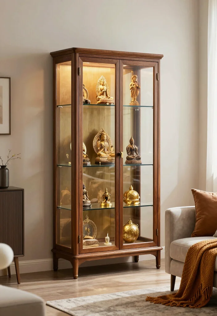 17 Small Pooja Unit in Living Room Ideas With Elegant Touch - 3. Elegant Display Cabinets 1