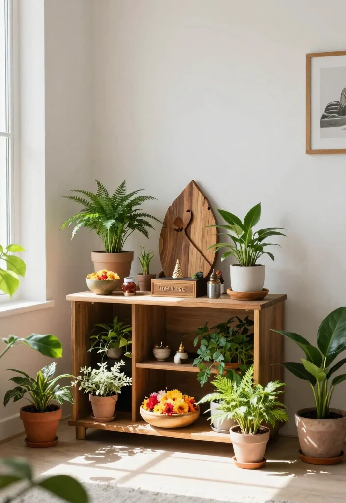 17 Small Pooja Unit in Living Room Ideas With Elegant Touch - 7. Nature-Inspired Elements 1