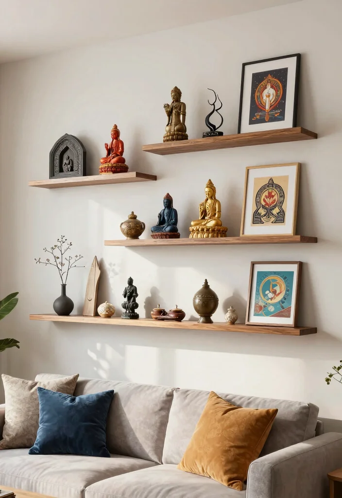 17 Small Pooja Unit in Living Room Ideas With Elegant Touch - 8. Floating Shelves with Art 1