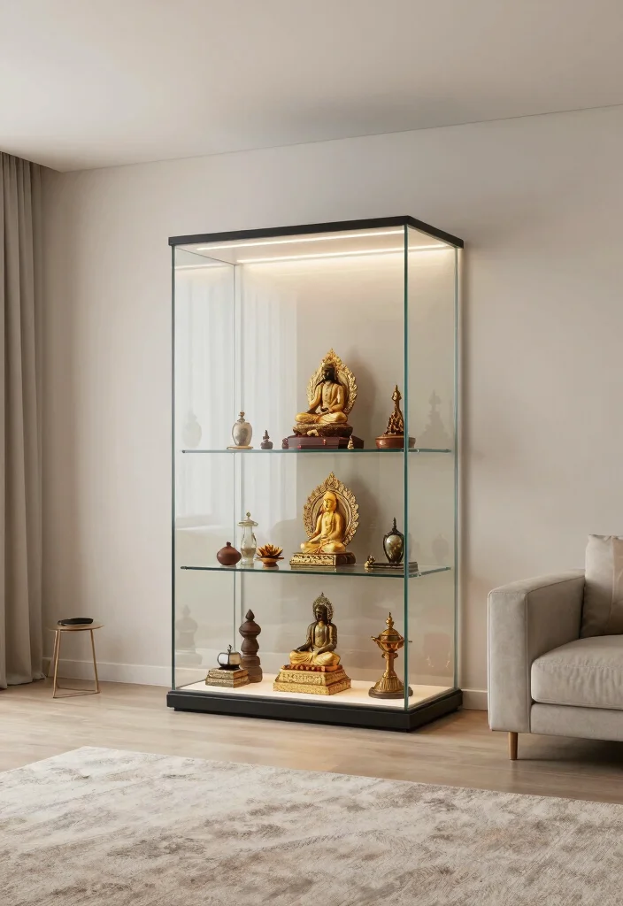 17 Small Pooja Unit in Living Room Ideas With Elegant Touch - 9. Minimalist Glass Enclosures 1