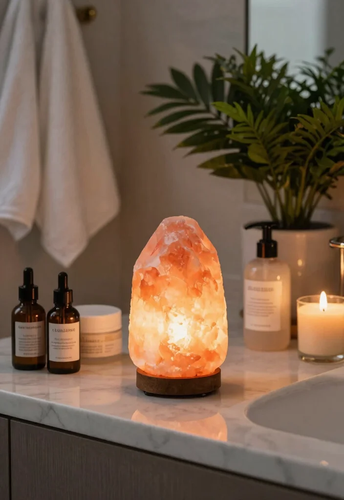 18 Himalayan Salt Lamp Ideas With Cozy Warm Glow - 6. Luxe Bathroom Ambiance 1