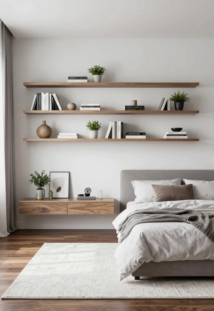 18 White Rug Bedroom Ideas With Soft Luxe Feel - 11. Floating Shelves for Modern Appeal 1