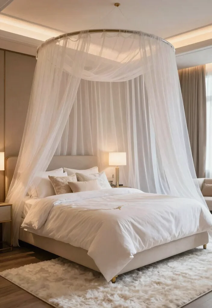 18 White Rug Bedroom Ideas With Soft Luxe Feel - 13. Elegant Canopy Beds 1
