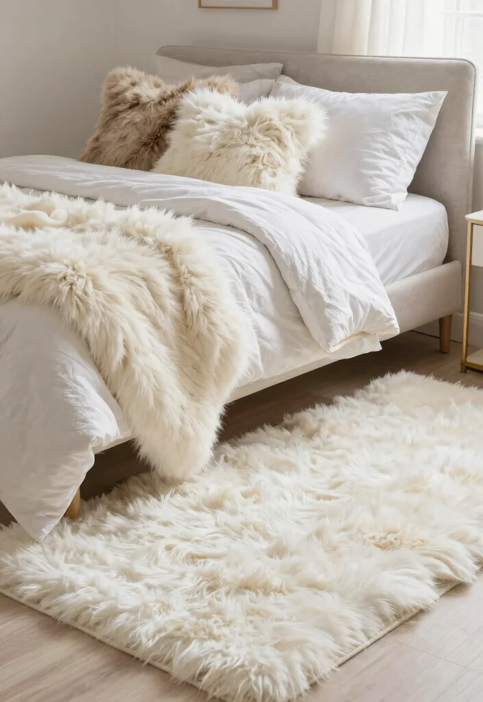 18 White Rug Bedroom Ideas With Soft Luxe Feel - 17. Cozy White Rug with Faux Fur Accents 1