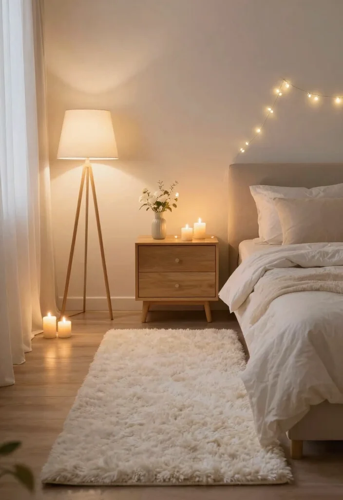 18 White Rug Bedroom Ideas With Soft Luxe Feel - 18. Soft Lighting for Extra Warmth 1