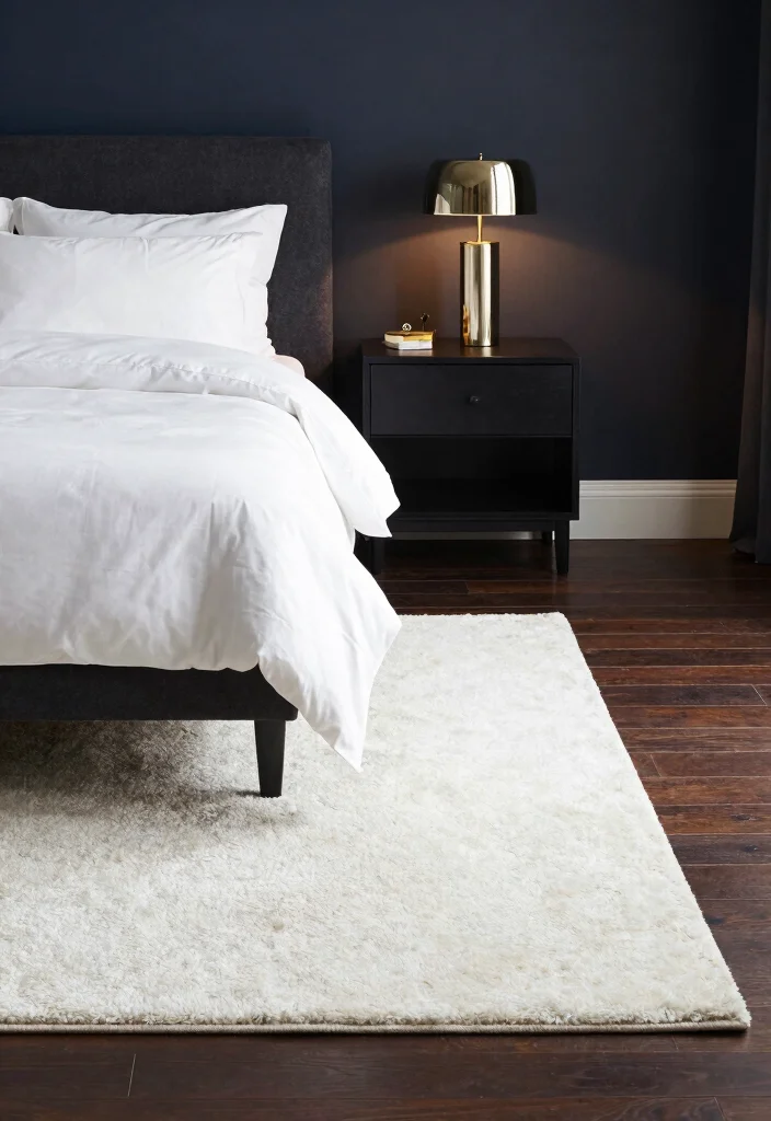 18 White Rug Bedroom Ideas With Soft Luxe Feel - 3. The Contrast of Dark and Light 1