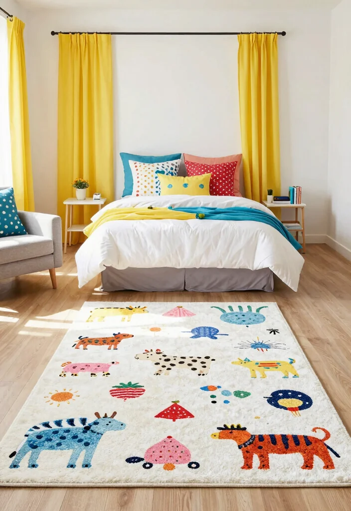 18 White Rug Bedroom Ideas With Soft Luxe Feel - 5. Whimsical Patterns with White Rug 1