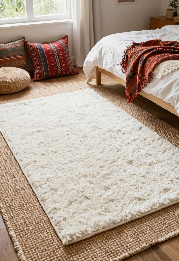 18 White Rug Bedroom Ideas With Soft Luxe Feel - 6. Layering Rugs for a Boho Look 1