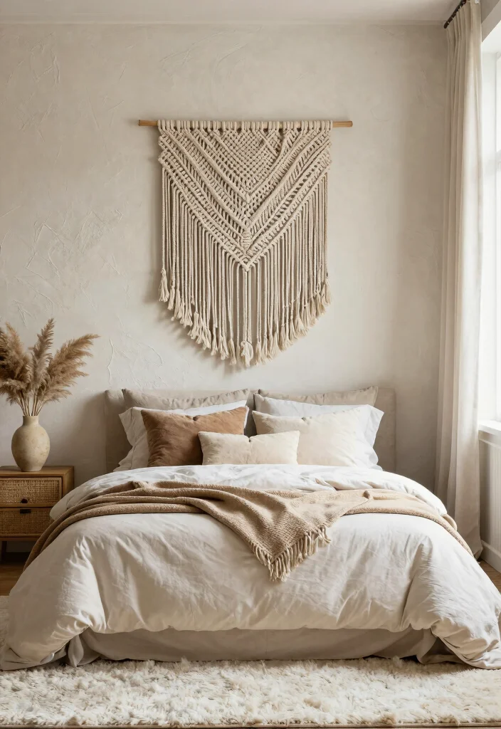 18 White Rug Bedroom Ideas With Soft Luxe Feel - 9. Textured Wall Art Above the Bed 1