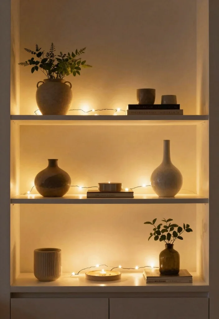 18 White Shelf Decor Ideas That Look Clean & Styled - 17. Clever Lighting 1