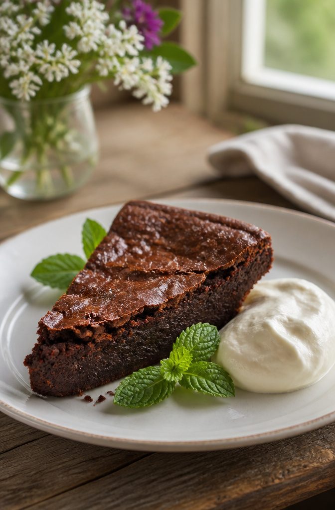 20 Simple Gluten Free Desserts 2 Flourless chocolate cake with a dense texture and a crackly surface.