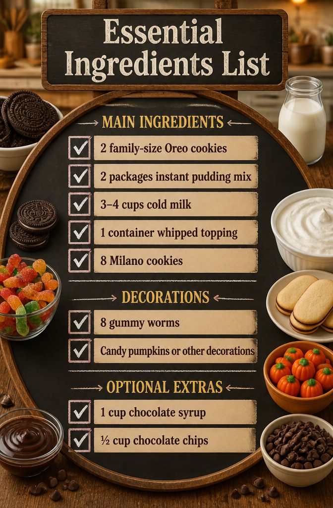 Information image listing ingredients needed for Halloween dirt cake cups.