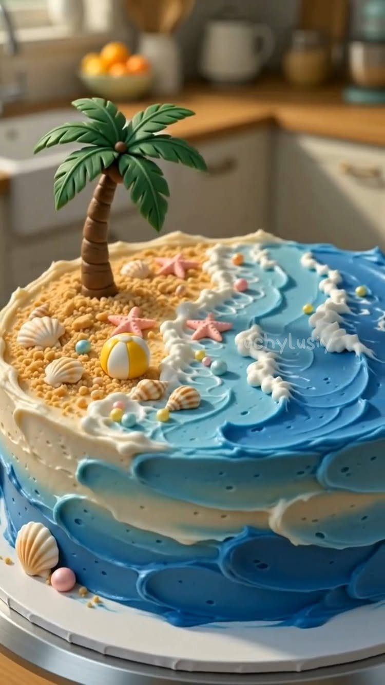Beach-themed cake with blue frosting waves, sandy topping, shells, and a palm tree.