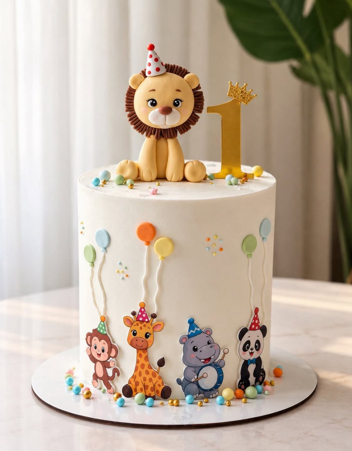 Animal Themed Birthday Cake: 9 Party Designs from Farm to Fantasy 2 White birthday cake with a cartoon lion topper and animal cutouts around the base.