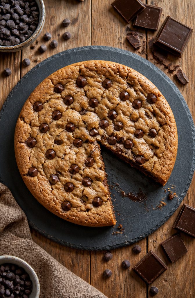 20 Simple Gluten Free Desserts 15 Chocolate chip cookie cake sliced and presented on a plate.