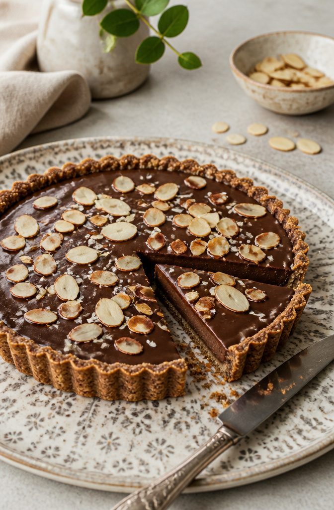 20 Simple Gluten Free Desserts 21 Chocolate tart with a nut crust and sliced almonds on top.
