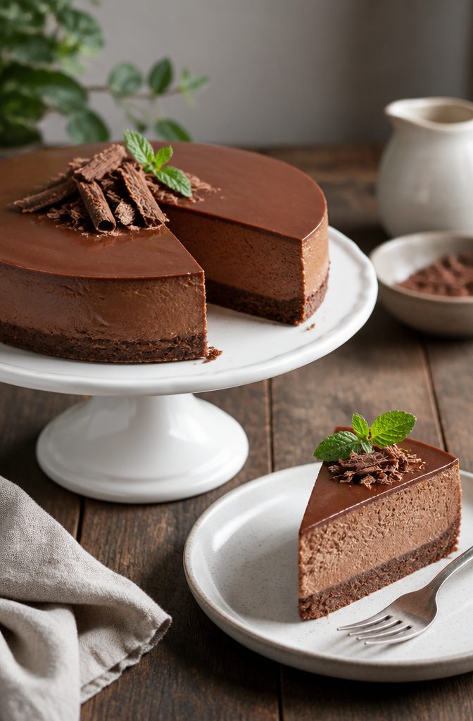 20 Simple Gluten Free Desserts 9 Chocolate mousse cake topped with shavings and garnished with mint.