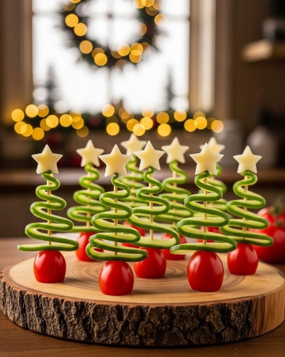 Cucumber and cheese appetizer trees on cherry tomatoes atop a wooden platter.