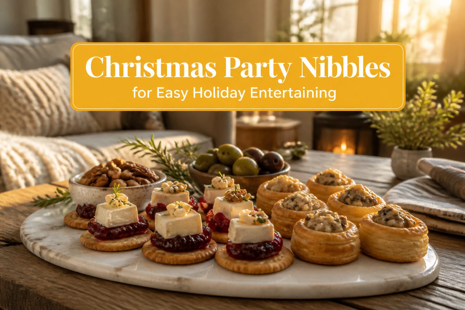 A variety of holiday appetizers arranged on a festive table.